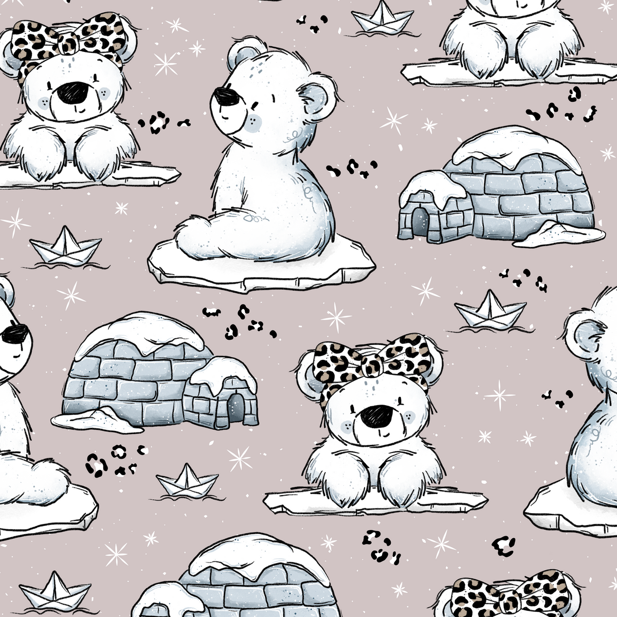 French Terry Kinderstoff Eisbär Leo mit Iglu