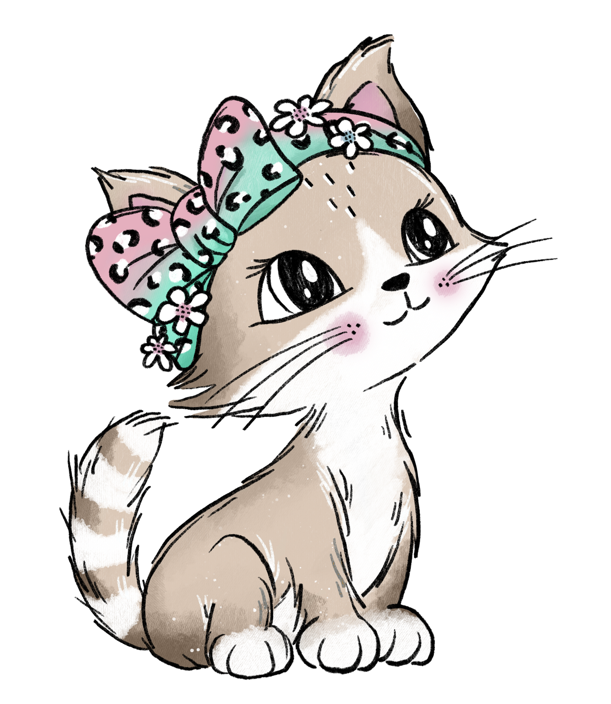 Bügelbild sitzende Katze mit rosa-mintfarbener Schleife